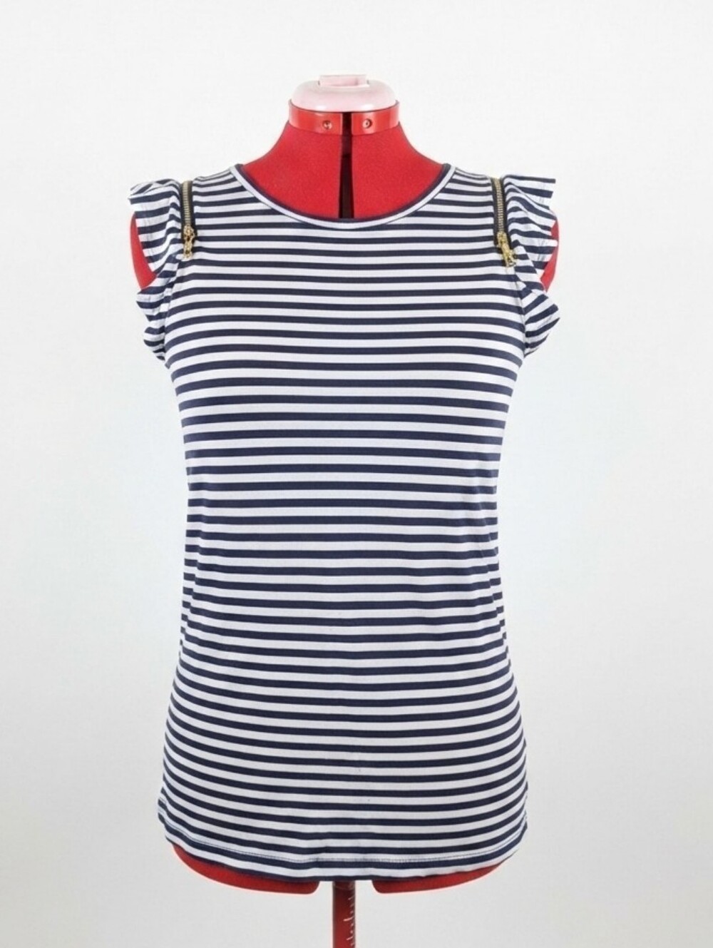 MICHAEL Michael Kors Navy and White Striped Ruffle Shoulder Tank Small